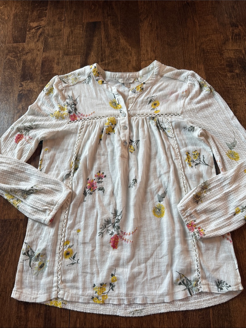 Lucky Brand White Tunic Top with Yellow & Pink Floral Print